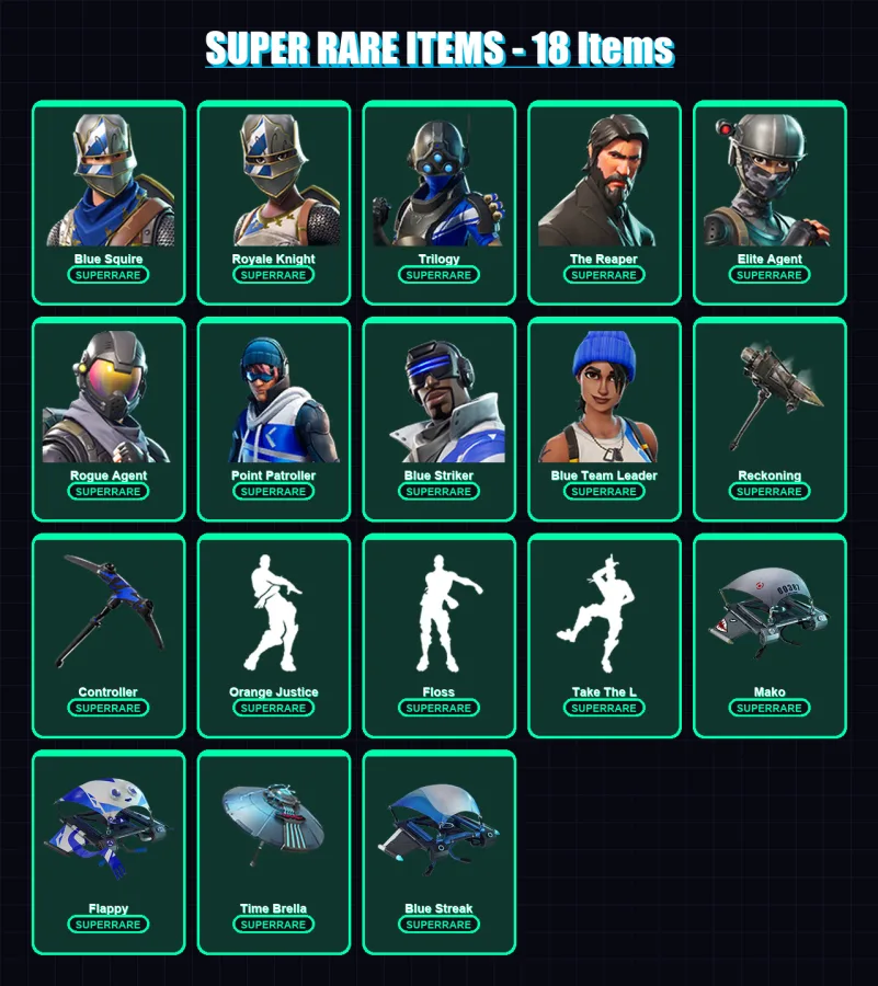 [PS4/PS5/XBOX/PC] | Blue Squire | Royale Knight | Trilogy | The Reaper | Elite Agent | 54 skin | 42 pickaxe | 55 emote | 53 glider | Lv833