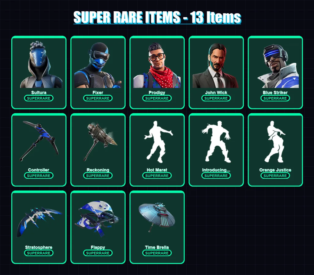 [PC/XBOX/PSN] | Sultura | Fixer | Prodigy | John Wick | Blue Striker | 128 skin | 218 pickaxe | 171 emote | 187 glider | Lv5871