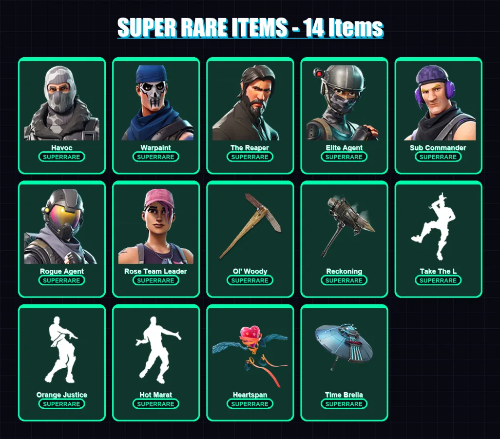 [PC/XBOX/PSN] | Havoc | Warpaint | The Reaper | Elite Agent | Sub Commander | 64 skin | 62 pickaxe | 57 emote | 56 glider | Lv726