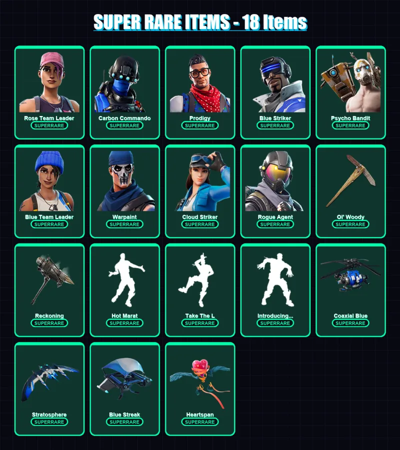 [PS4/PS5/XBOX/PC] | Rose Team Leader | Carbon Commando | Prodigy | Blue Striker | Psycho Bandit | 68 skin | 49 pickaxe | 70 emote | 50 glider | Lv57