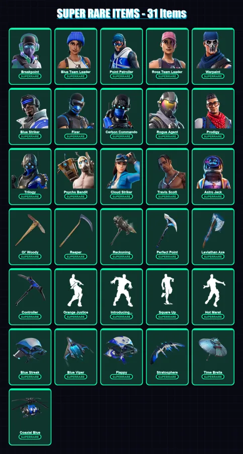[PC] | Breakpoint | Blue Team Leader | Point Patroller | Rose Team Leader | Warpaint | 318 skin | 281 pickaxe | 255 emote | 220 glider | Lv3101