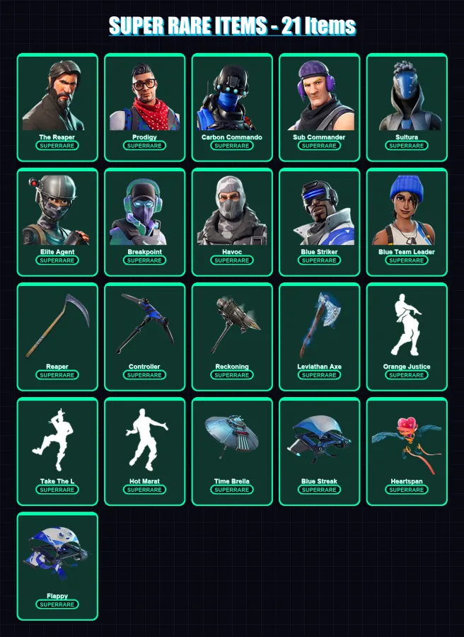 [PS4/PS5/XBOX/PC] | The Reaper | Prodigy | Carbon Commando | Sub Commander | Sultura | 183 skin | 206 pickaxe | 169 emote | 188 glider | Lv2964