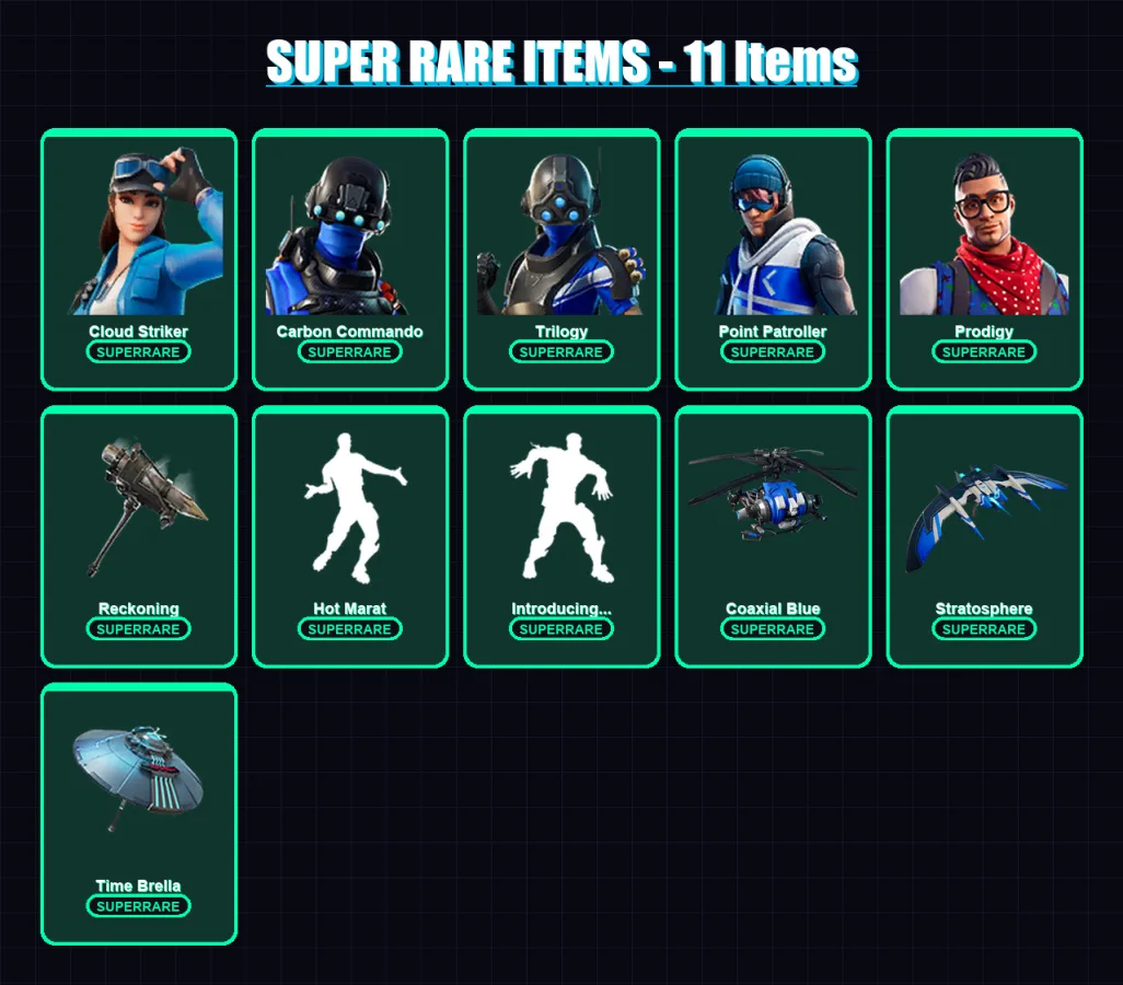 [PS4/PS5/XBOX/PC] | Cloud Striker | Carbon Commando | Trilogy | Point Patroller | Prodigy | 92 skin | 87 pickaxe | 106 emote | 97 glider | Lv1169