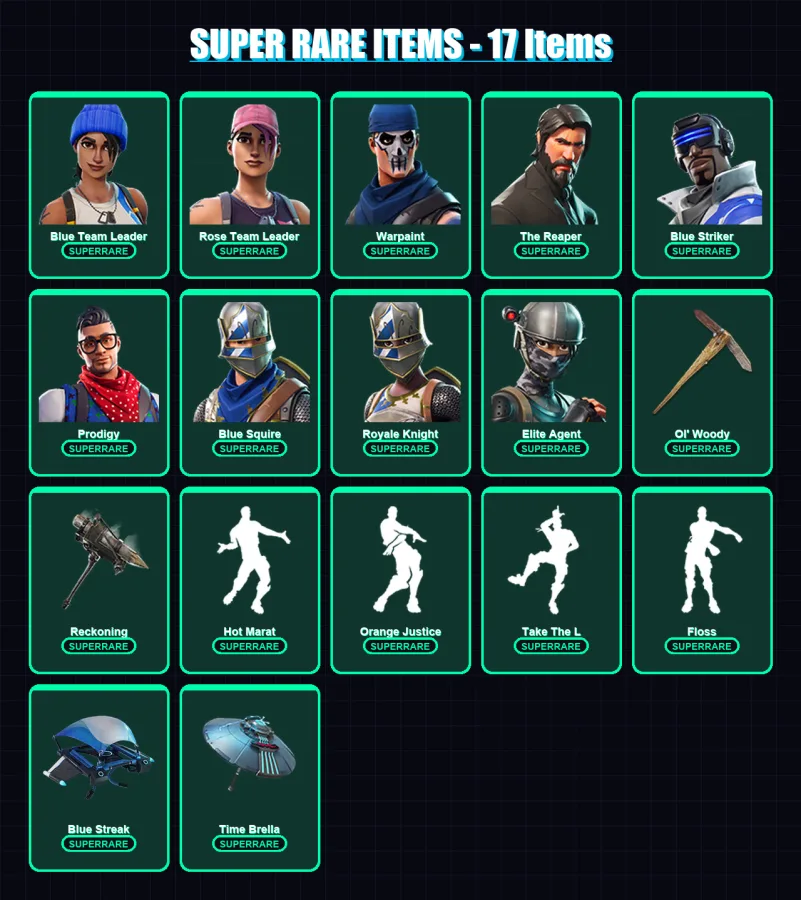 [PC/XBOX/PSN] | Blue Team Leader | Rose Team Leader | Warpaint | The Reaper | Blue Striker | 93 skin | 87 pickaxe | 123 emote | 101 glider | Lv1670