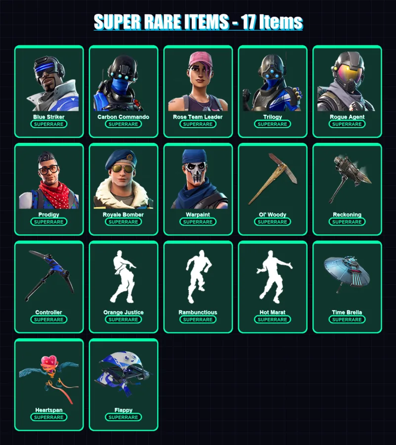 [PS4/PS5/XBOX/PC] | Blue Striker | Carbon Commando | Rose Team Leader | Trilogy | Rogue Agent | 65 skin | 58 pickaxe | 67 emote | 61 glider | Lv774