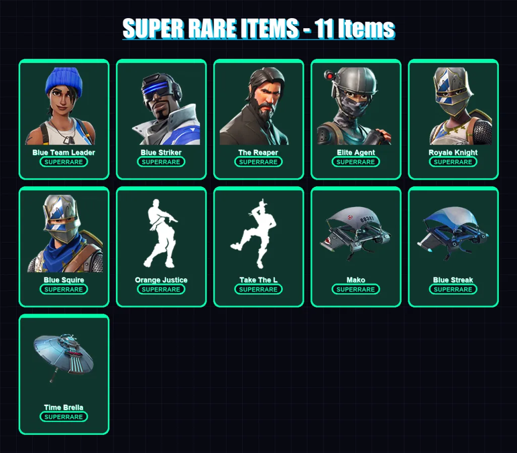 [PS4/PS5/XBOX/PC] | Blue Team Leader | Blue Striker | The Reaper | Elite Agent | Royale Knight | 43 skin | 42 pickaxe | 55 emote | 56 glider | Lv741