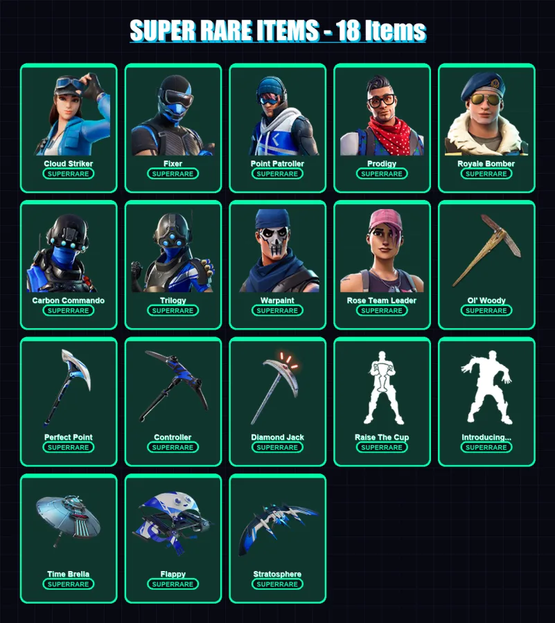 [PC/XBOX] | Cloud Striker | Fixer | Point Patroller | Prodigy | Royale Bomber | 63 skin | 110 pickaxe | 97 emote | 107 glider | Lv1540