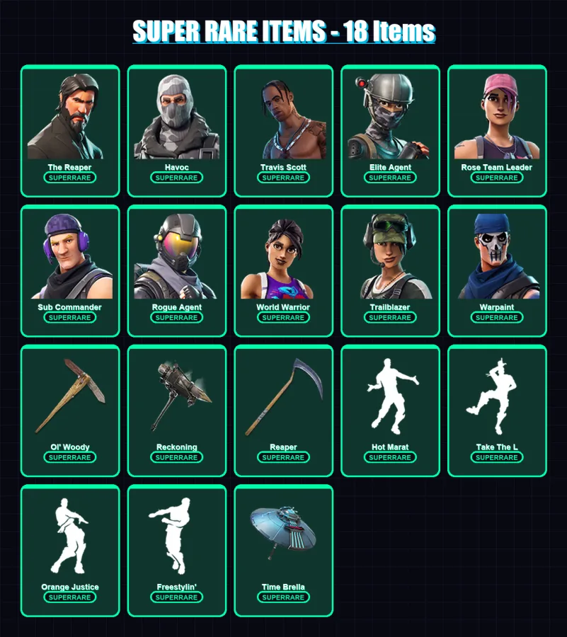 [PC/PSN] | The Reaper | Havoc | Travis Scott | Elite Agent | Rose Team Leader | 124 skin | 122 pickaxe | 137 emote | 120 glider | Lv1929