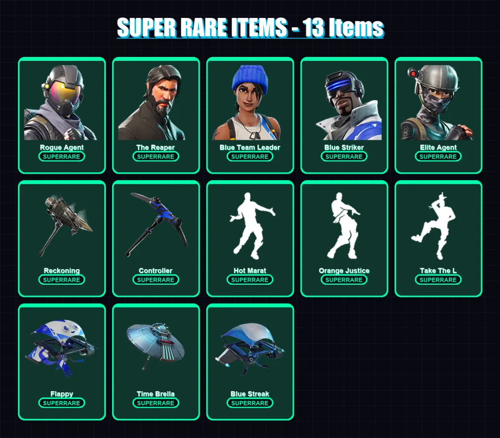 [PS4/PS5/XBOX/PC] | Rogue Agent | The Reaper | Blue Team Leader | Blue Striker | Elite Agent | 56 skin | 62 pickaxe | 66 emote | 71 glider | Lv1103