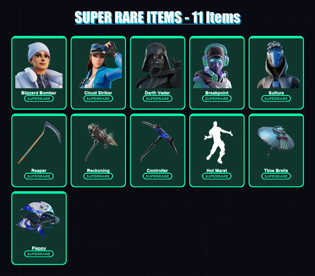 [PS4/PS5/XBOX/PC] | Blizzard Bomber | Cloud Striker | Darth Vader | Breakpoint | Sultura | 188 skin | 220 pickaxe | 185 emote | 192 glider | Lv3156