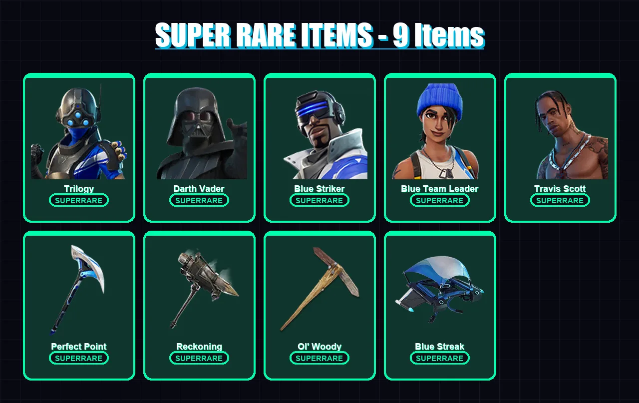 [PS4/PS5/XBOX/PC] | Trilogy | Darth Vader | Blue Striker | Blue Team Leader | Travis Scott | 117 skin | 124 pickaxe | 86 emote | 100 glider | Lv1392