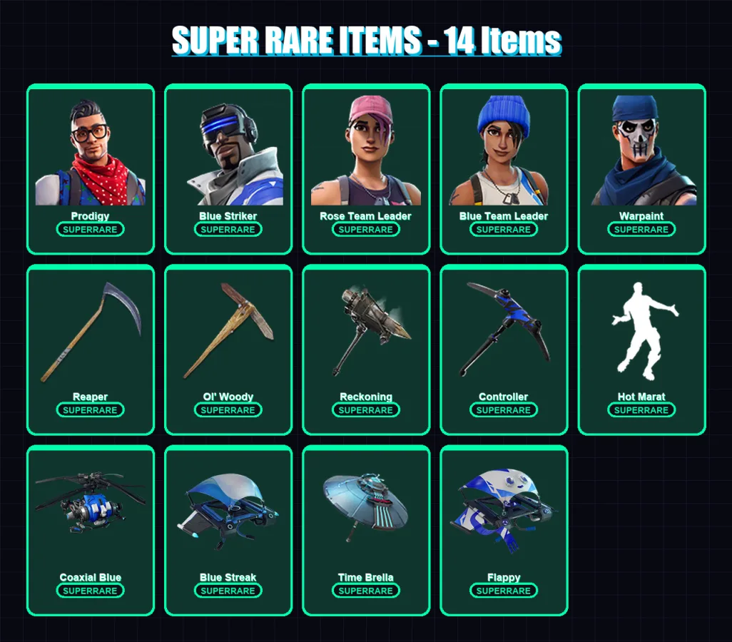 [PC/XBOX] | Prodigy | Blue Striker | Rose Team Leader | Blue Team Leader | Warpaint | 83 skin | 85 pickaxe | 85 emote | 93 glider | Lv1186