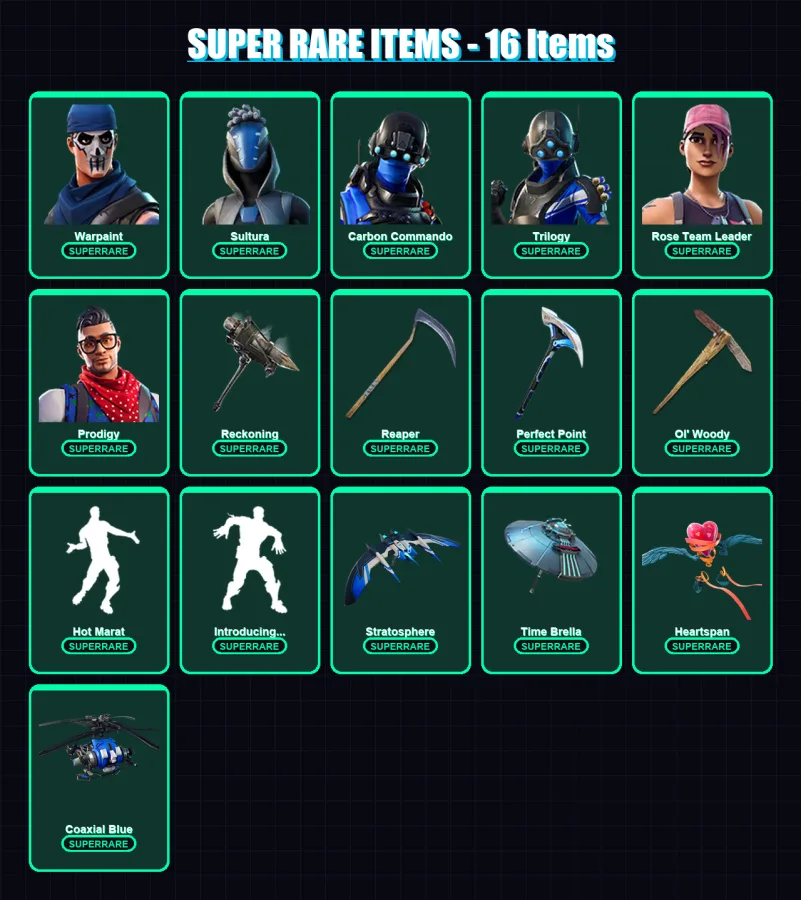 [SWITCH/XBOX/PC] | Warpaint | Sultura | Carbon Commando | Trilogy | Rose Team Leader | 136 skin | 154 pickaxe | 125 emote | 143 glider | Lv1493