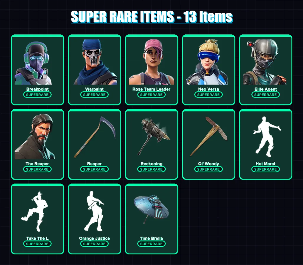 [PS4/PS5/XBOX/PC] | Breakpoint | Warpaint | Rose Team Leader | Neo Versa | Elite Agent | 237 skin | 225 pickaxe | 202 emote | 183 glider | Lv2901