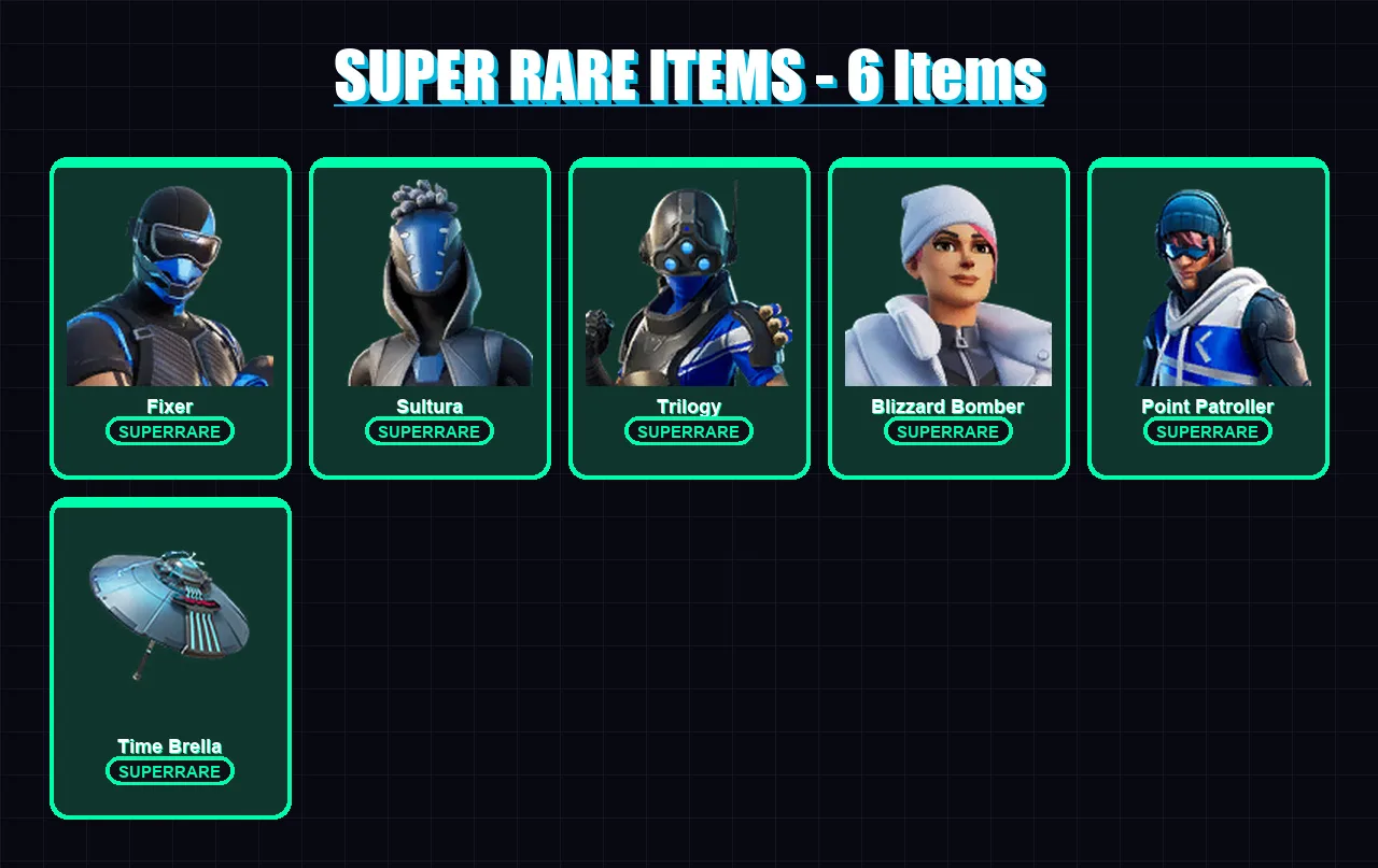 [PS4/PS5/XBOX/PC] | Fixer | Sultura | Trilogy | Blizzard Bomber | Point Patroller | 88 skin | 119 pickaxe | 85 emote | 109 glider | Lv1655