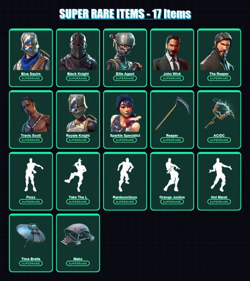 [PC/XBOX] | Blue Squire | Black Knight | Elite Agent | John Wick | The Reaper | 96 skin | 125 pickaxe | 143 emote | 125 glider | Lv2228