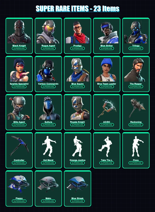 [PS4/PS5/XBOX/PC] | Black Knight | Rogue Agent | Prodigy | Blue Striker | Trilogy | 59 skin | 42 pickaxe | 53 emote | 47 glider | Lv656