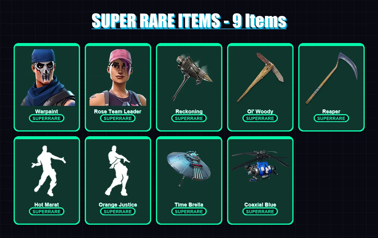 [PS4/PS5/XBOX/PC] | Warpaint | Rose Team Leader | Valor | Wild Card | Carbide | 59 skin | 70 pickaxe | 91 emote | 79 glider | Lv1472