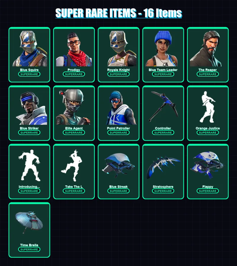 [PC/XBOX] | Blue Squire | Prodigy | Royale Knight | Blue Team Leader | The Reaper | 33 skin | 18 pickaxe | 31 emote | 28 glider | Lv405 — Fortnite account