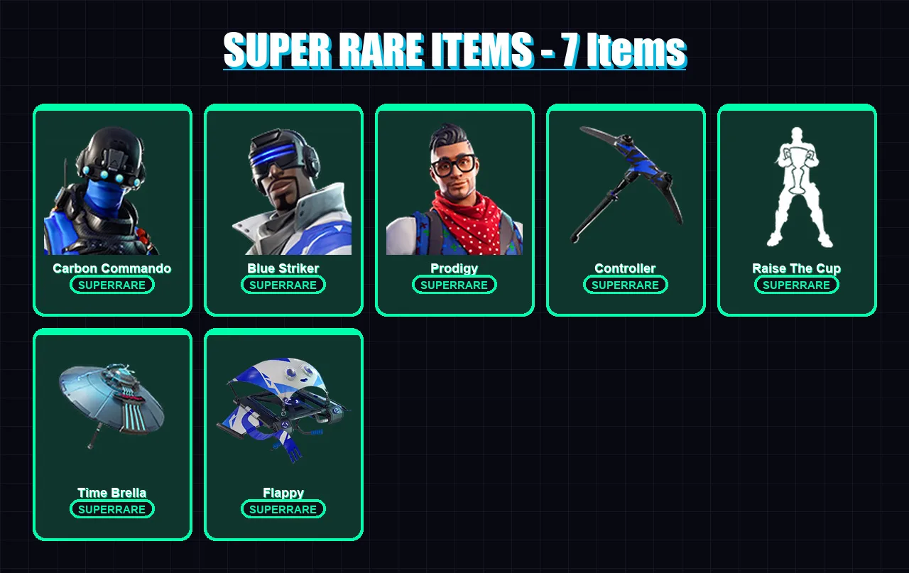 [PS4/PS5/XBOX/PC] | Carbon Commando | Blue Striker | Prodigy | Peter Griffin | Nisha | 17 skin | 38 pickaxe | 27 emote | 44 glider | Lv555