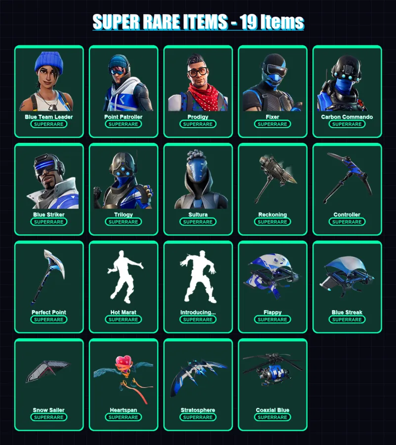 [PS4/PS5/XBOX/PC] | Blue Team Leader | Point Patroller | Prodigy | Fixer | Carbon Commando | 54 skin | 92 pickaxe | 87 emote | 94 glider | Lv1651