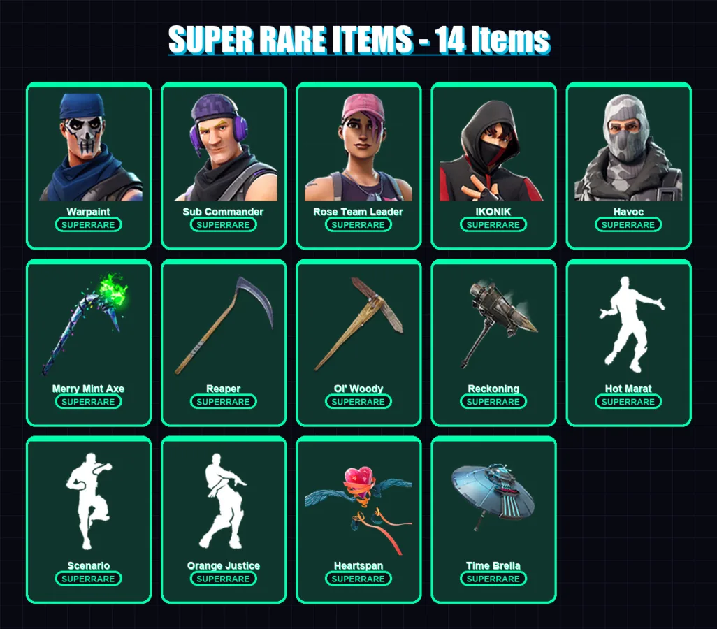 [PC/XBOX/PSN] | Warpaint | Sub Commander | Rose Team Leader | IKONIK | Havoc | 193 skin | 227 pickaxe | 183 emote | 200 glider | Lv3129