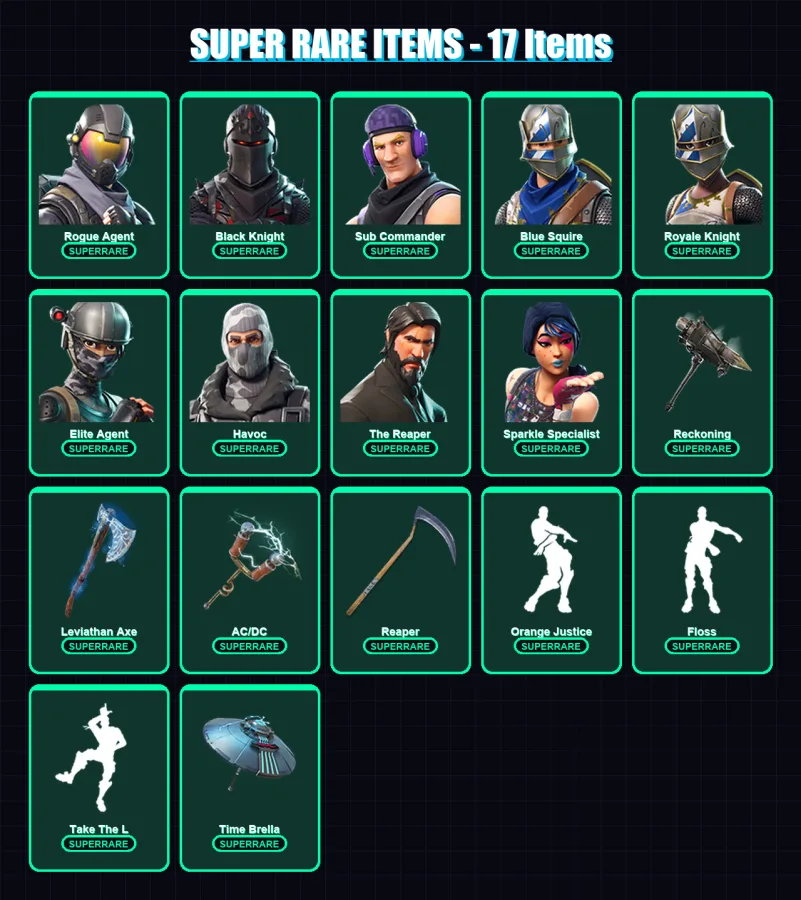 [PC/XBOX/PSN] | Rogue Agent | Black Knight | Sub Commander | Blue Squire | Royale Knight | 95 skin | 94 pickaxe | 83 emote | 91 glider | Lv1217
