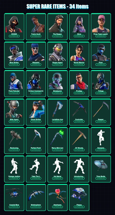 [PS4/PS5/XBOX/PC] | IKONIK | Travis Scott | The Reaper | Glow | Rose Team Leader | 325 skin | 243 pickaxe | 192 emote | 163 glider | Lv2177 — Fortnite account