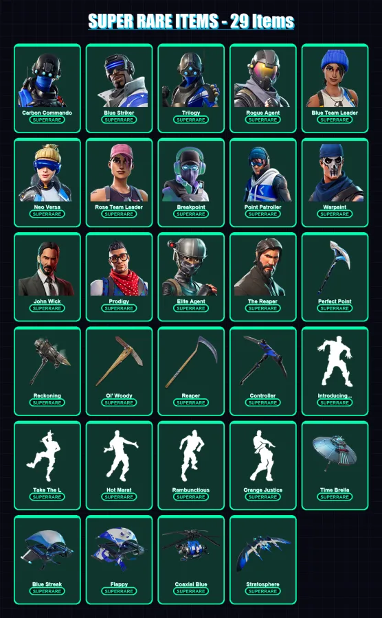 [PC/XBOX/PSN] | Carbon Commando | Blue Striker | Trilogy | Rogue Agent | Blue Team Leader | 329 skin | 206 pickaxe | 261 emote | 177 glider | Lv2383