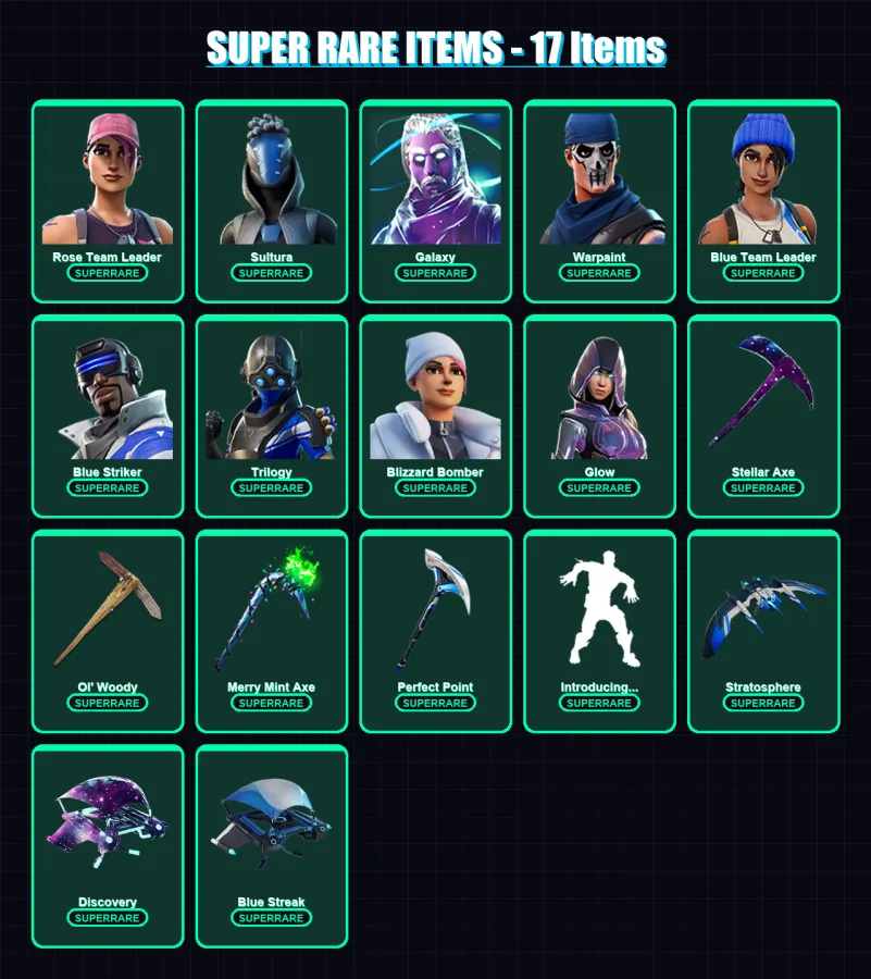 [PS4/PS5/XBOX/PC] | Rose Team Leader | Sultura | Galaxy | Warpaint | Blue Team Leader | 107 skin | 111 pickaxe | 89 emote | 60 glider | Lv610