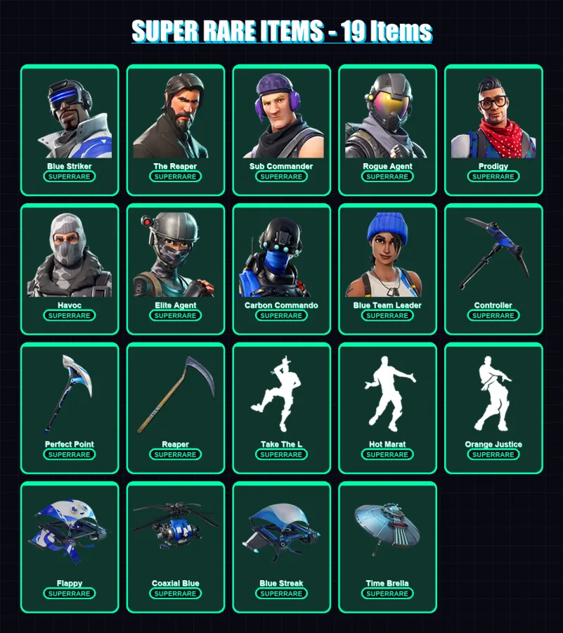 [PC/XBOX/PSN] | Blue Striker | The Reaper | Sub Commander | Rogue Agent | Prodigy | 40 skin | 35 pickaxe | 40 emote | 42 glider | Lv719