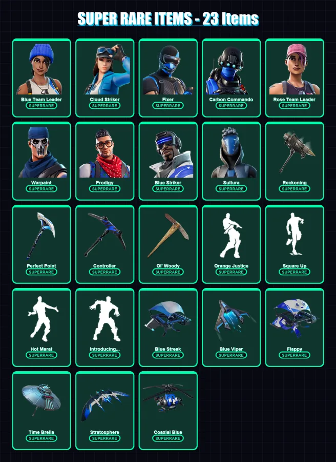 [PC] | Blue Team Leader | Cloud Striker | Fixer | Carbon Commando | Rose Team Leader | 92 skin | 99 pickaxe | 115 emote | 104 glider | Lv1585