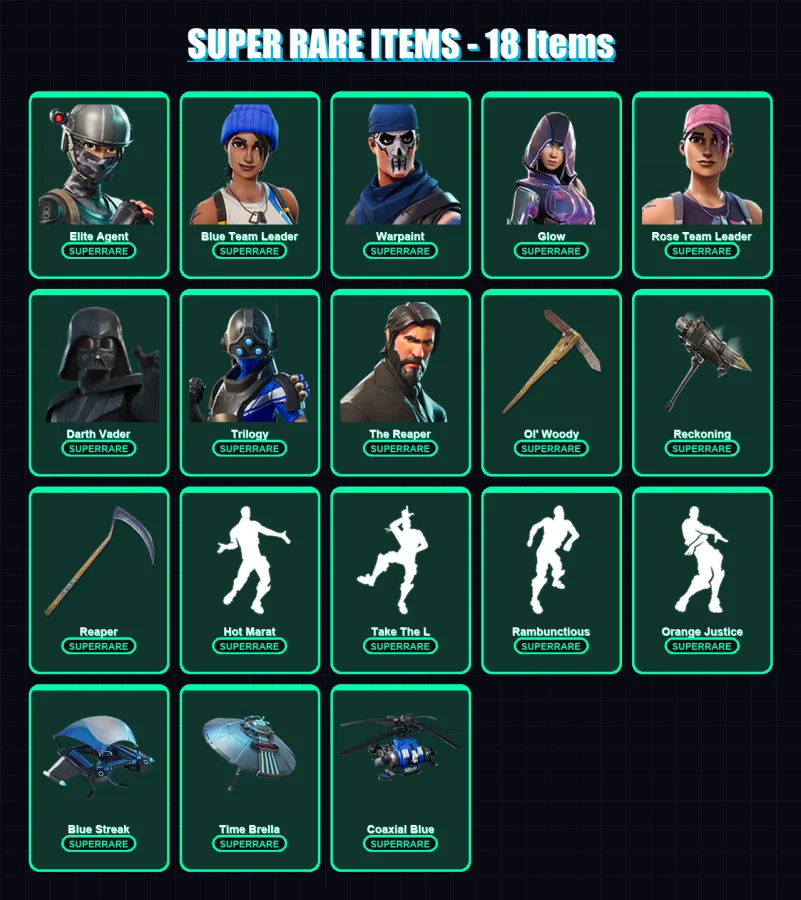 [PS4/PS5/XBOX/PC] | Elite Agent | Blue Team Leader | Warpaint | Glow | Rose Team Leader | 256 skin | 212 pickaxe | 298 emote | 178 glider | Lv2890