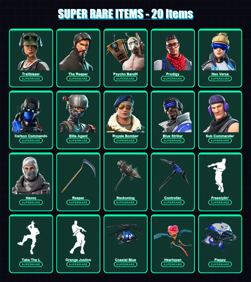 [PC/XBOX/PSN] | Trailblazer | The Reaper | Psycho Bandit | Prodigy | Neo Versa | 124 skin | 81 pickaxe | 69 emote | 67 glider | Lv634