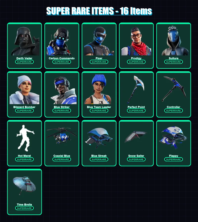 [PS4/PS5/XBOX/PC] | Darth Vader | Carbon Commando | Fixer | Prodigy | Sultura | 59 skin | 88 pickaxe | 60 emote | 96 glider | Lv1214