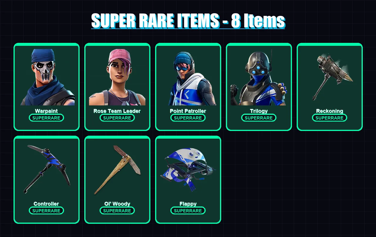 [PC/XBOX/PSN] | Warpaint | Rose Team Leader | Point Patroller | Trilogy | Zenith | 29 skin | 29 pickaxe | 38 emote | 31 glider | Lv315