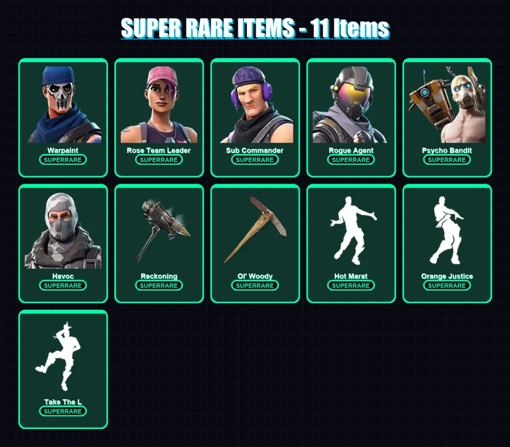 [PC/PSN] | Warpaint | Rose Team Leader | Sub Commander | Rogue Agent | Psycho Bandit | 49 skin | 46 pickaxe | 31 emote | 43 glider | Lv407