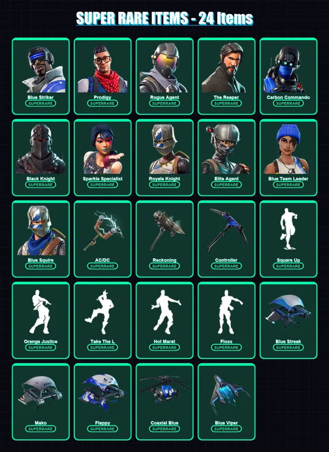 [PC] | Blue Striker | Prodigy | Rogue Agent | The Reaper | Carbon Commando | 66 skin | 49 pickaxe | 72 emote | 53 glider | Lv690