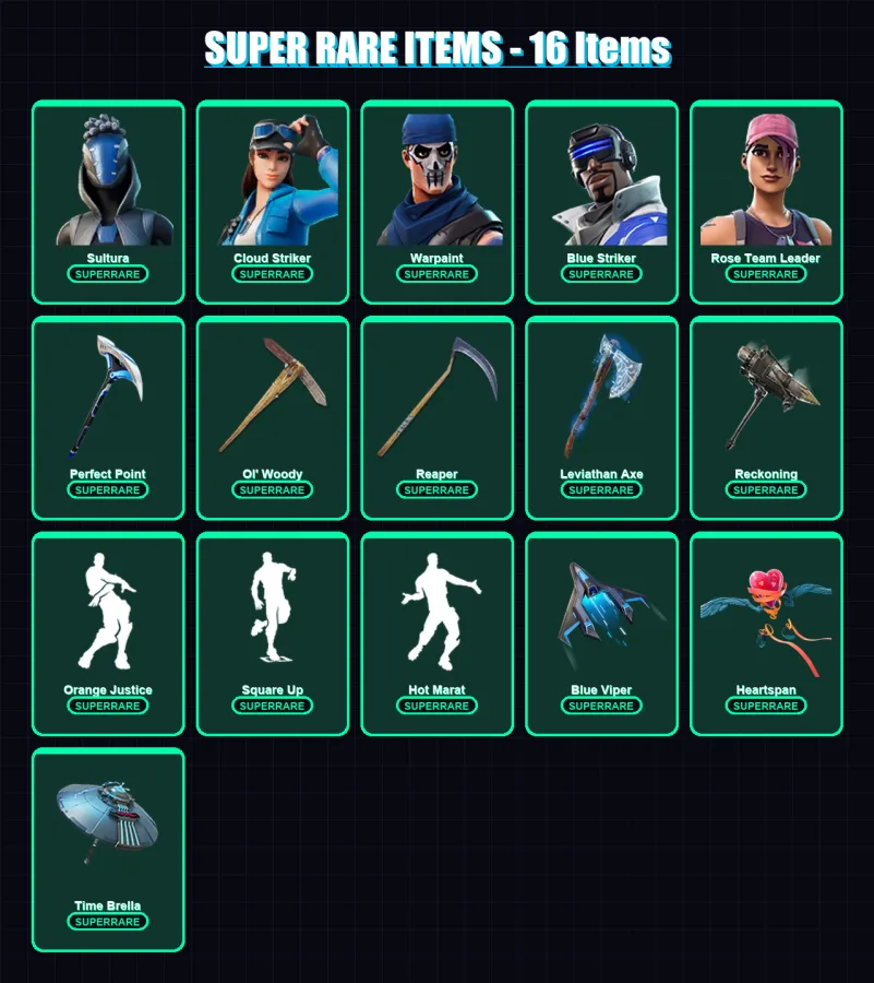 [PC/XBOX] | Sultura | Cloud Striker | Warpaint | Blue Striker | Rose Team Leader | 176 skin | 209 pickaxe | 167 emote | 184 glider | Lv2990