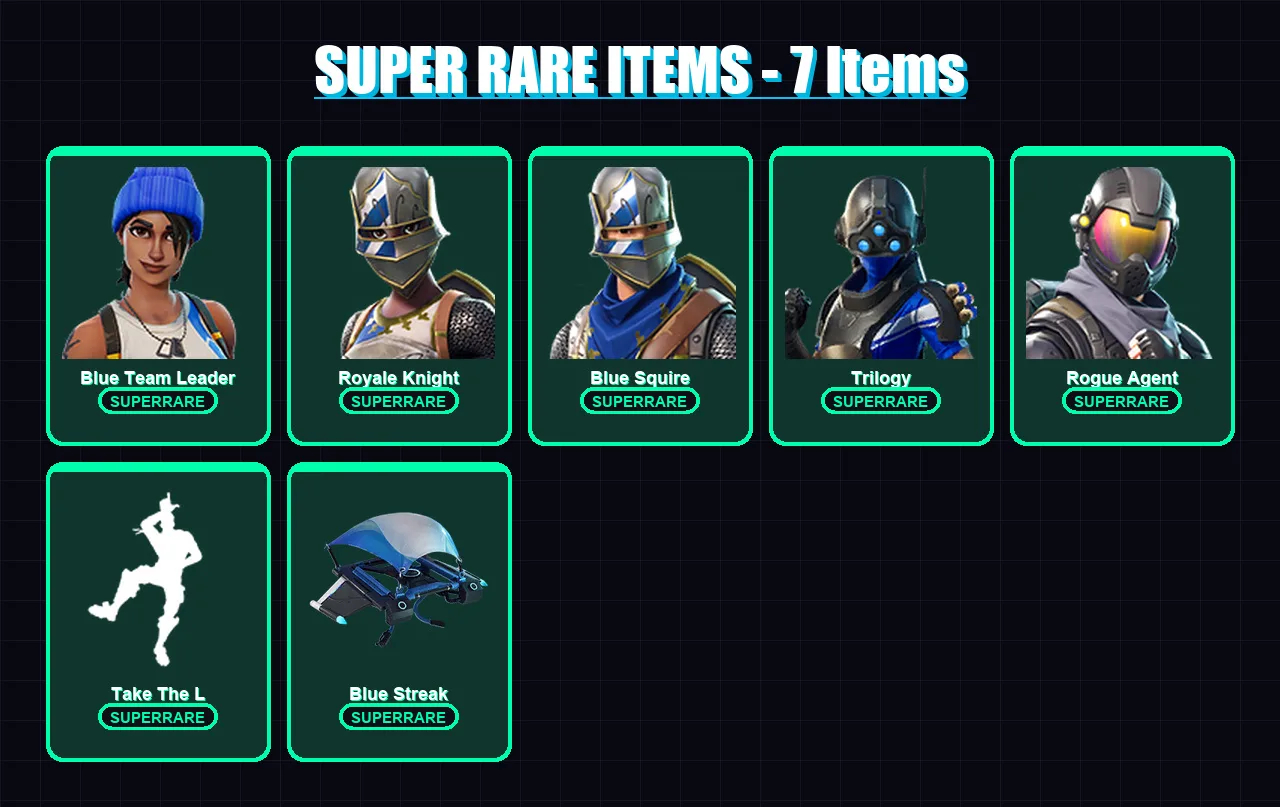 [PS4/PS5/XBOX/PC] | Blue Team Leader | Royale Knight | Blue Squire | Trilogy | Rogue Agent | 14 skin | 30 pickaxe | 27 emote | 25 glider | Lv339