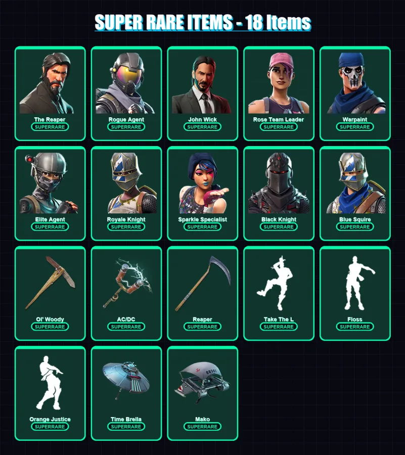 [PC/XBOX/PSN] | The Reaper | Rogue Agent | John Wick | Rose Team Leader | Warpaint | 221 skin | 196 pickaxe | 113 emote | 116 glider | Lv1520