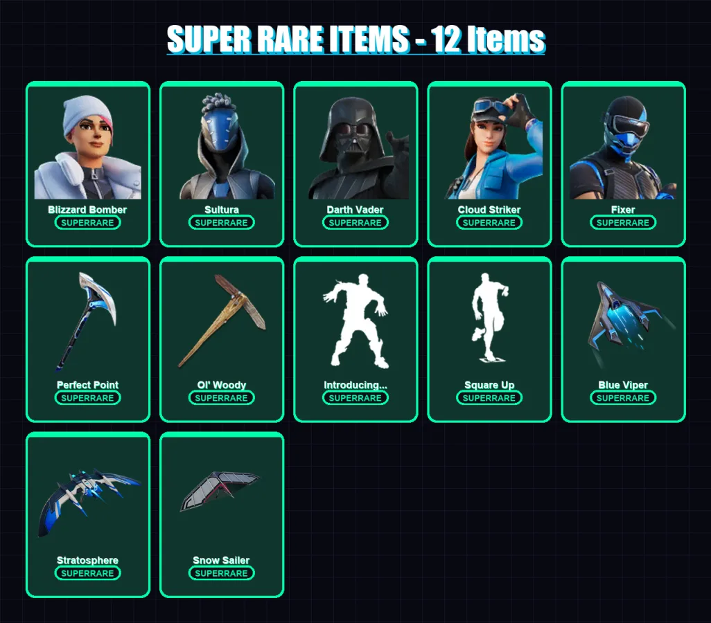 [PS4/PS5/XBOX/PC] | Blizzard Bomber | Sultura | Darth Vader | Cloud Striker | Fixer | 108 skin | 133 pickaxe | 97 emote | 106 glider | Lv2077