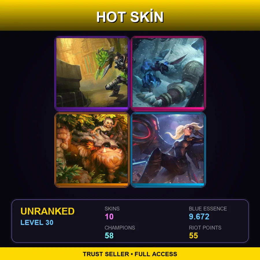 EUW | Hextech Singed | Tundra Hunter Warwick | Sasquatch Nunu & Willump | Riot Kayle | 10 Skin | 58 Champ | Lv30
