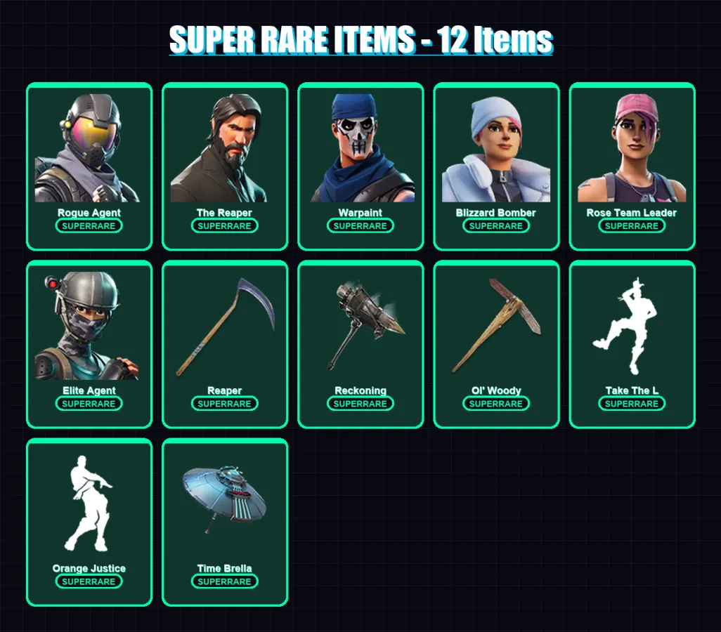 [PS4/PS5/XBOX/PC] | Rogue Agent | The Reaper | Warpaint | Blizzard Bomber | Rose Team Leader | 107 skin | 123 pickaxe | 92 emote | 115 glider | Lv13