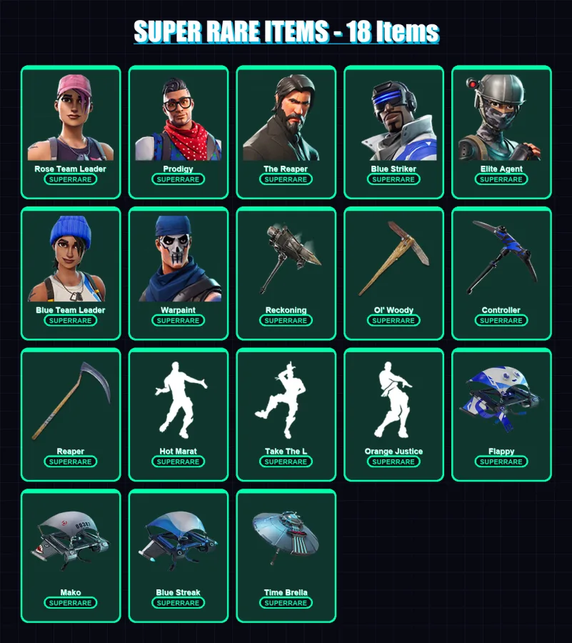 [PS4/PS5/XBOX/PC] | Rose Team Leader | Prodigy | The Reaper | Blue Striker | Elite Agent | 83 skin | 102 pickaxe | 99 emote | 123 glider | Lv1679