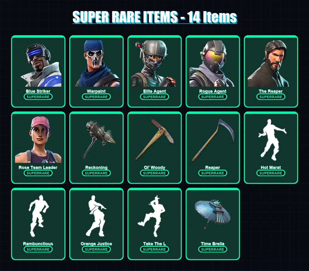 [PS4/PS5/XBOX/PC] | Blue Striker | Warpaint | Elite Agent | Rogue Agent | The Reaper | 55 skin | 50 pickaxe | 65 emote | 53 glider | Lv807