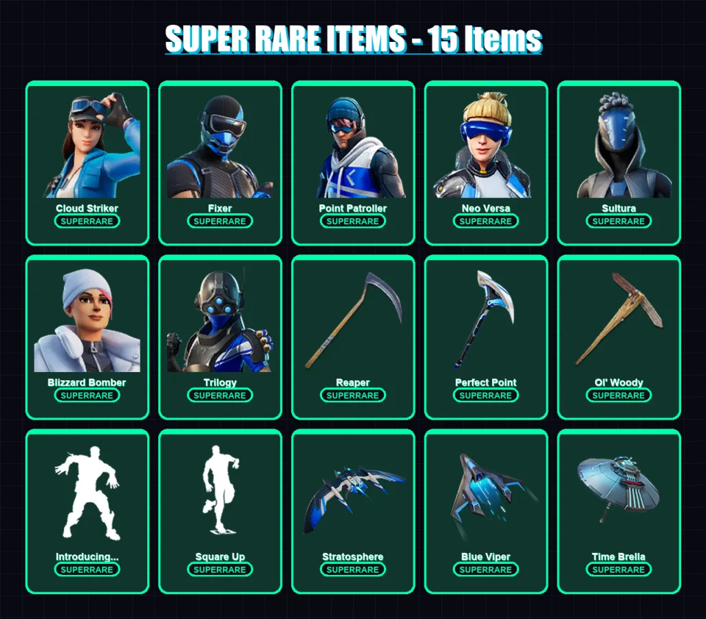 [PS4/PS5/XBOX/PC] | Cloud Striker | Fixer | Point Patroller | Neo Versa | Sultura | 92 skin | 154 pickaxe | 97 emote | 129 glider | Lv1937