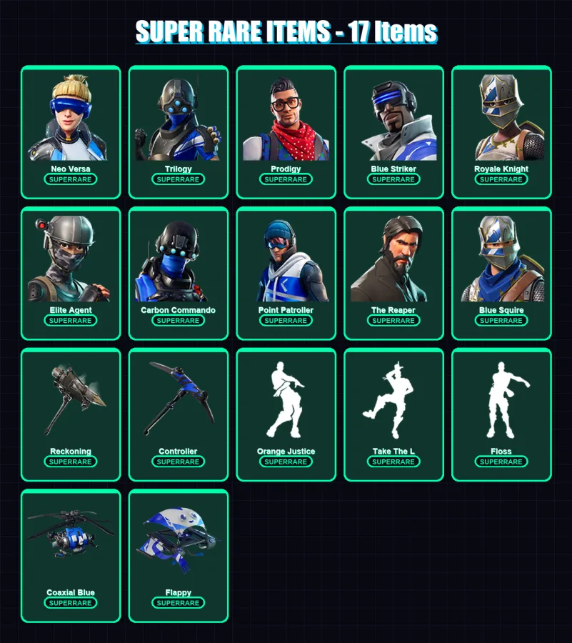 [PS4/PS5/XBOX/PC] | Neo Versa | Trilogy | Prodigy | Blue Striker | Royale Knight | 80 skin | 69 pickaxe | 83 emote | 71 glider | Lv1237