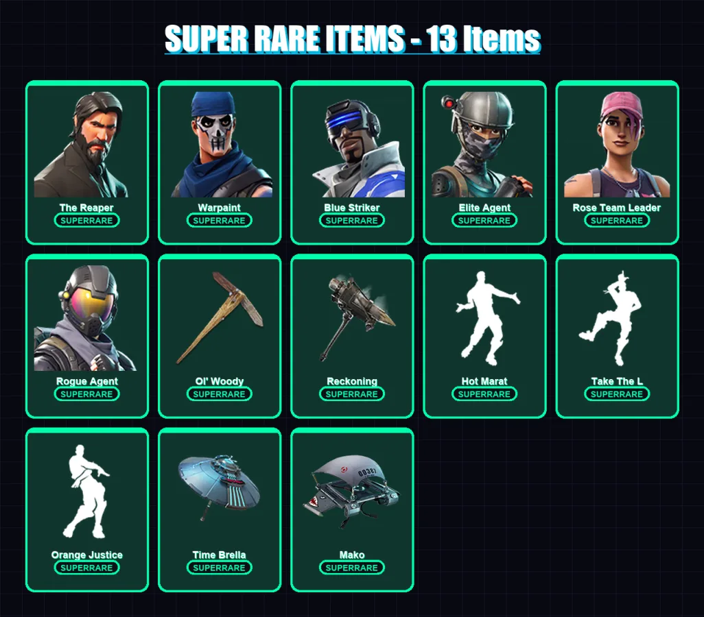 [PS4/PS5/XBOX/PC] | The Reaper | Warpaint | Blue Striker | Elite Agent | Rose Team Leader | 40 skin | 38 pickaxe | 49 emote | 44 glider | Lv646