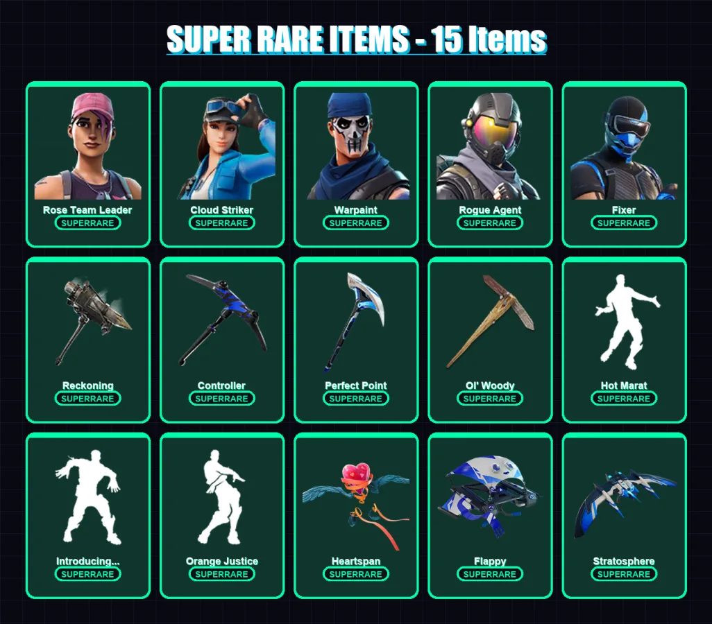 [PC/XBOX/PSN] | Rose Team Leader | Cloud Striker | Warpaint | Rogue Agent | Fixer | 153 skin | 129 pickaxe | 130 emote | 122 glider | Lv1505